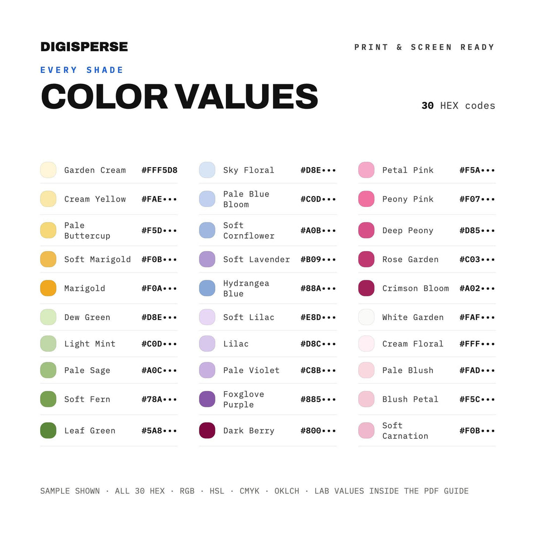 Garden Party Florals Color Palette | 30 Procreate Swatches, HEX, RGB, CMYK (Digital Download)