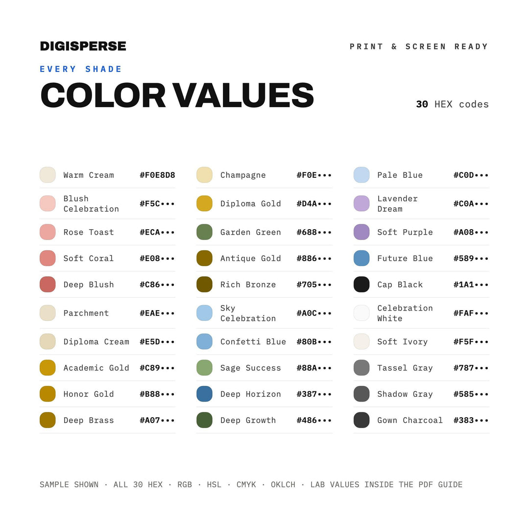 Graduation Afterglow Color Palette | 30 Colors | Hex RGB CMYK | Procreate Swatches + ASE | Digital Download