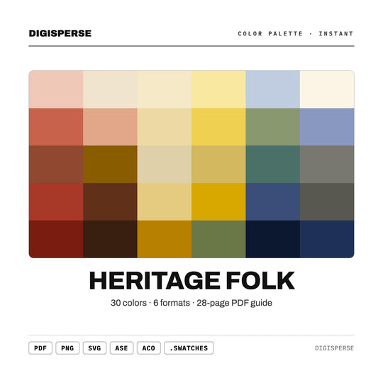 Heritage Folk Color Palette | 30 Colors | Hex RGB CMYK | Procreate Swatches + ASE | Digital Download