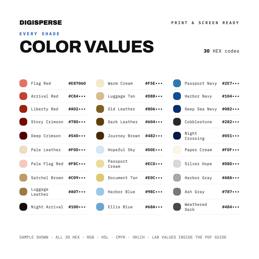 Immigrant Story America Color Palette | 30 Colors | Hex RGB CMYK | Procreate Swatches + ASE | Digital Download