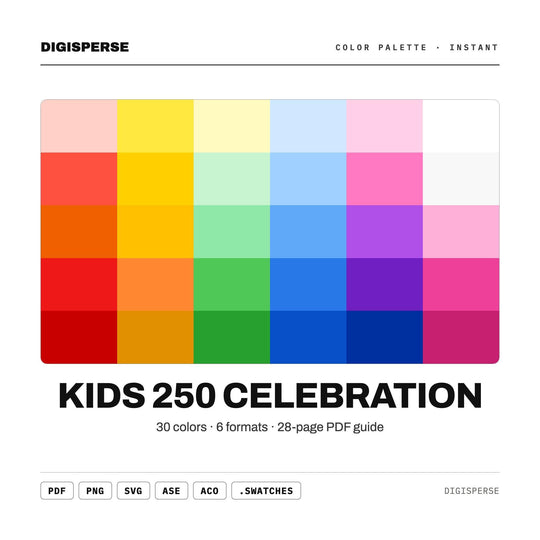 Kids 250 Celebration Color Palette | 30 Colors | Hex RGB CMYK | Procreate Swatches + ASE | Digital Download