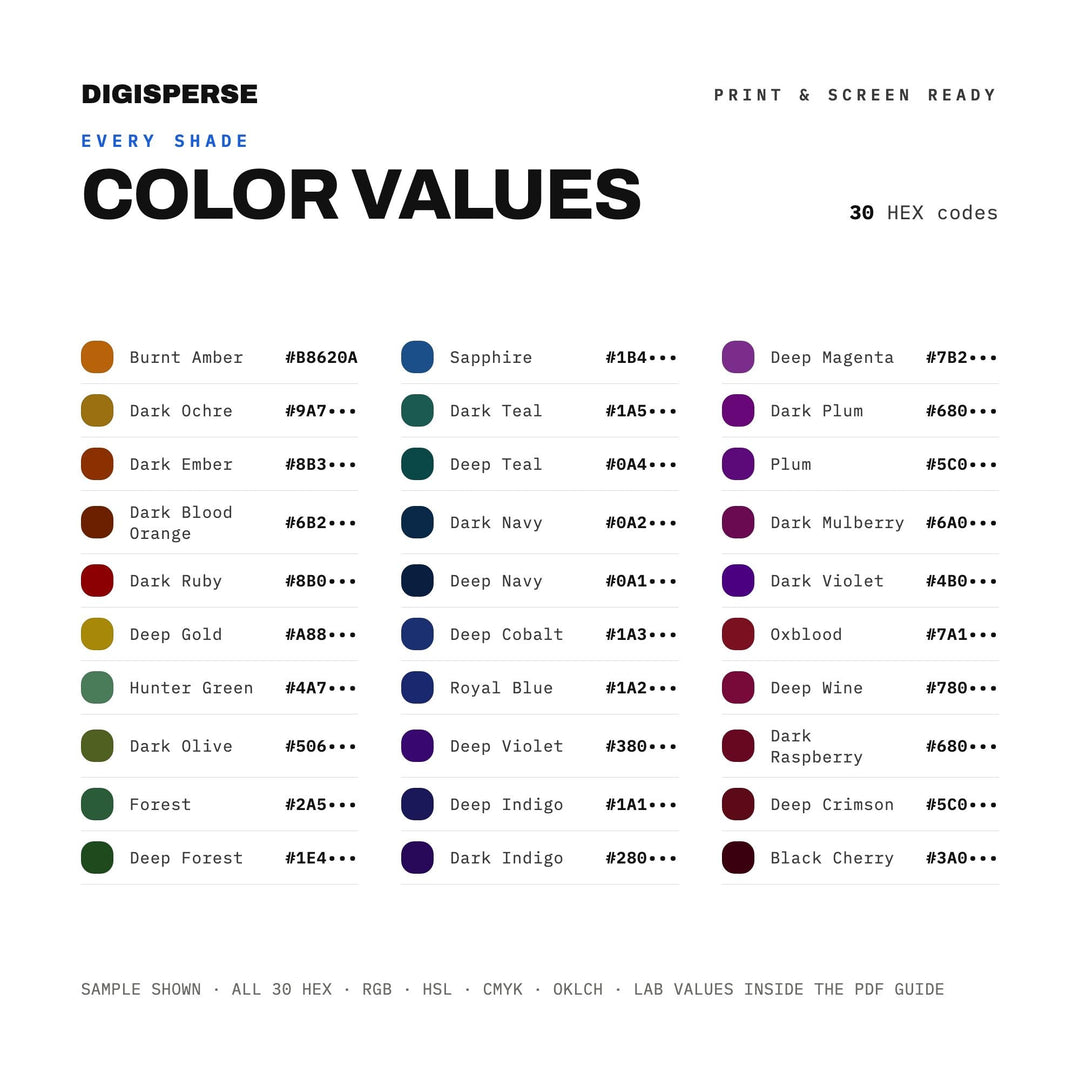 Dark Rainbow Color Palette | 30 Colors | Hex RGB CMYK | Procreate Swatches + ASE | Digital Download