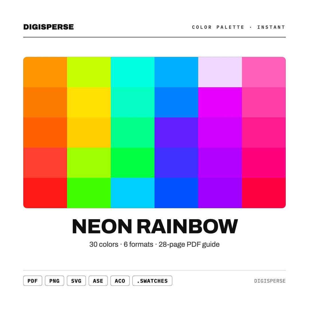Neon Rainbow Color Palette | 30 Colors | Hex RGB CMYK | Procreate Swatches + ASE | Digital Download