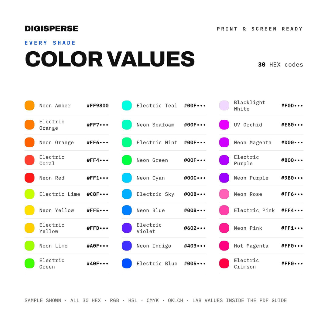 Neon Rainbow Color Palette | 30 Colors | Hex RGB CMYK | Procreate Swatches + ASE | Digital Download