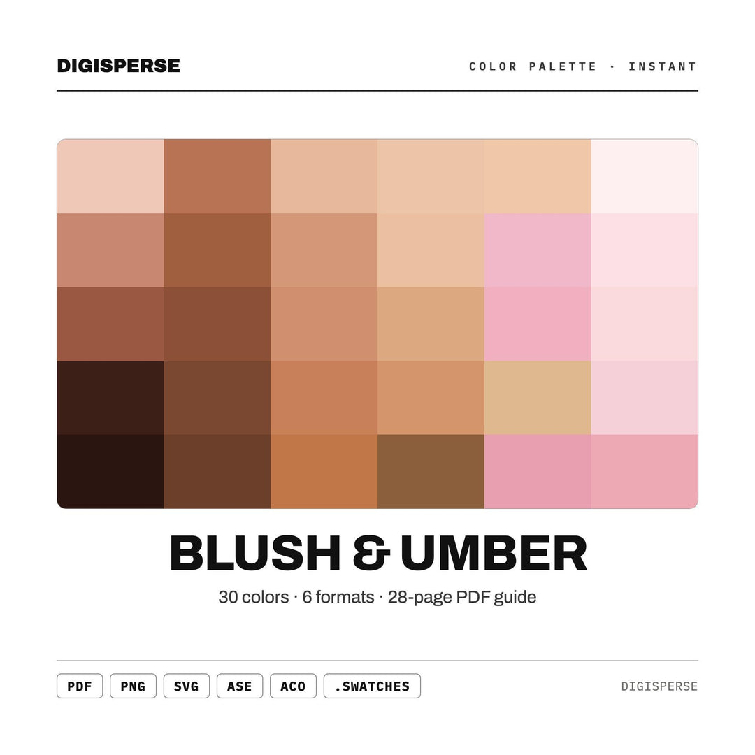Blush & Umber Color Palette | 30 Colors | Hex RGB CMYK | Procreate Swatches + ASE | Digital Download
