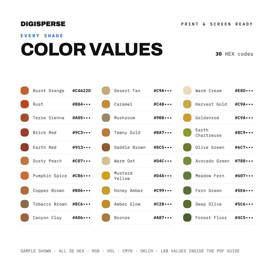 Retro 70s Color Palette | 30 Hex RGB CMYK Swatches (Digital Download)