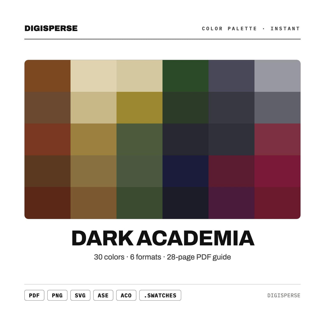 Dark Academia Color Palette | 30 Moody Colors, Hex, RGB, CMYK (Digital Download)