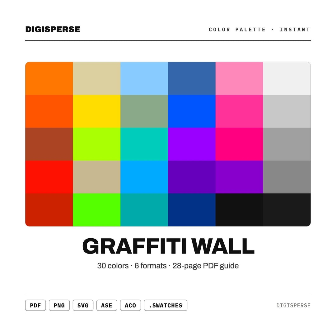 Graffiti Wall Color Palette | 30 Colors | Hex RGB CMYK | Color Guide | Procreate Swatches + ASE | Digital Download