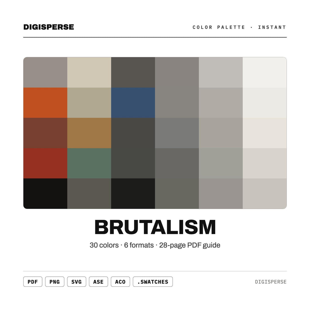 Raw Concrete Color Palette for Modern Architecture Art and Bold Branding, 30 Brutalist Grey Hues, Procreate Swatches, Hex Codes