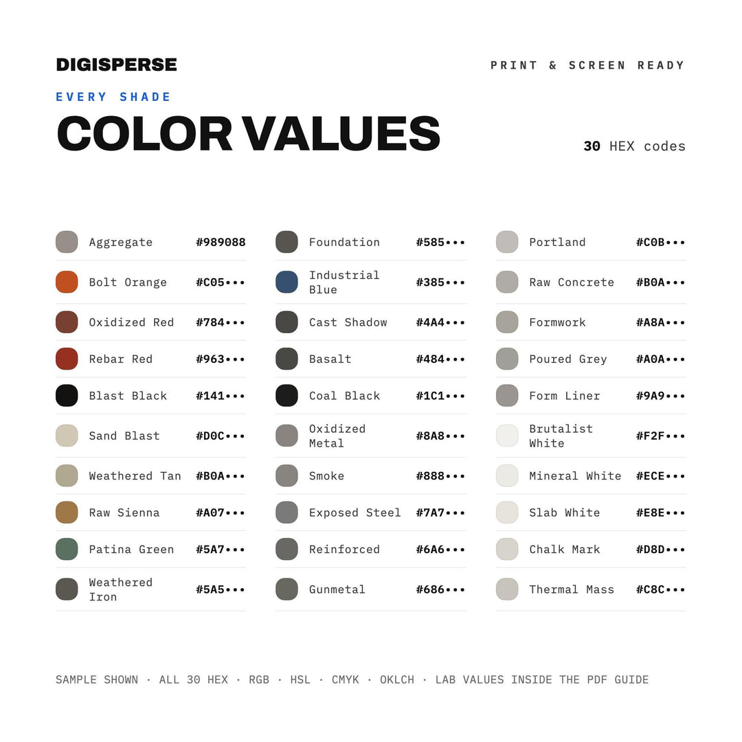 Raw Concrete Color Palette for Modern Architecture Art and Bold Branding, 30 Brutalist Grey Hues, Procreate Swatches, Hex Codes