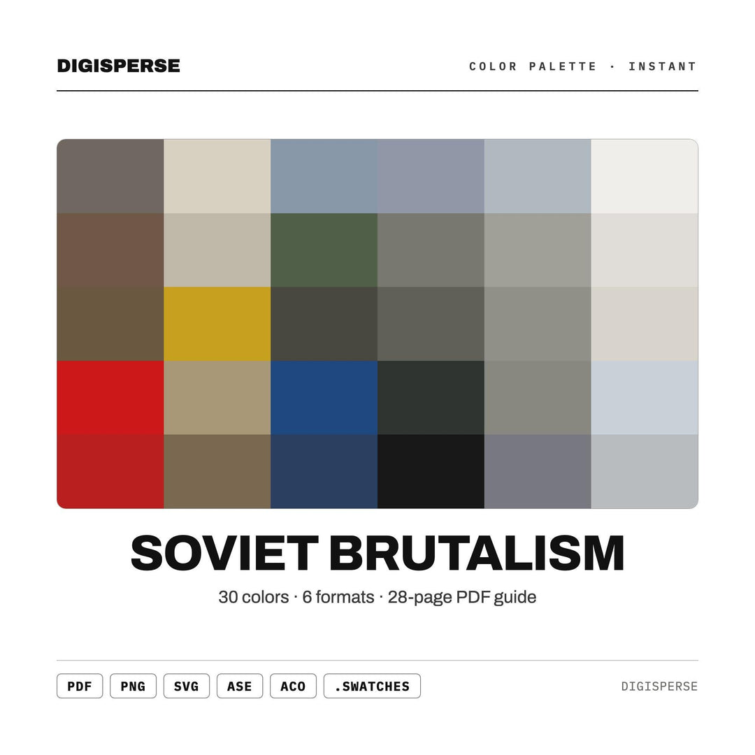 Soviet Brutalism Color Palette | 30 Colors | Hex RGB CMYK | Color Guide | Procreate Swatches + ASE | Digital Download