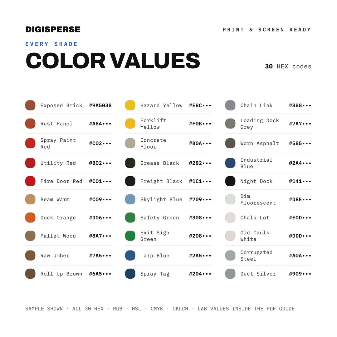 Warehouse District Color Palette | 30 Colors | Hex RGB CMYK | Color Guide | Procreate Swatches + ASE | Digital Download