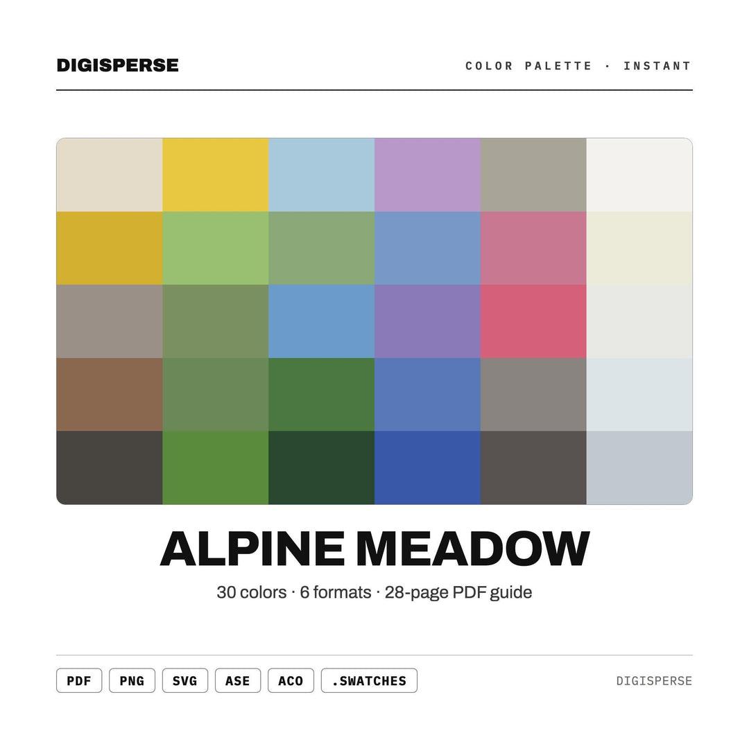 Fresh Wildflower Color Palette for Mountain Nature Art and Spring Branding, 30 Alpine Meadow Green Hues, Procreate Swatches, Hex Codes