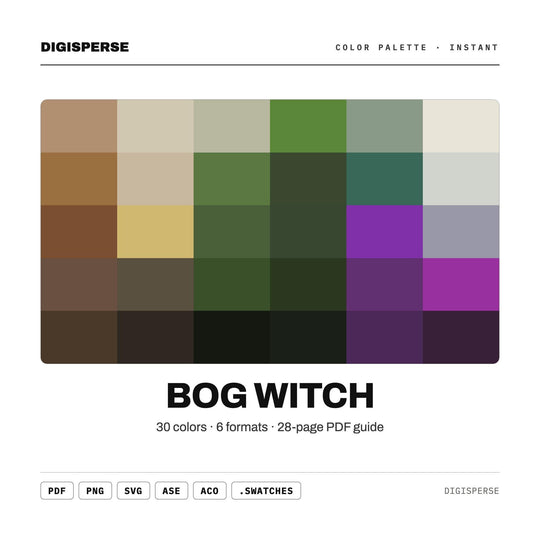 Murky Green Color Palette for Witchy Cottagecore Art and Dark Folk Branding, 30 Bog Witch Swamp Hues, Procreate Swatches, Hex Codes