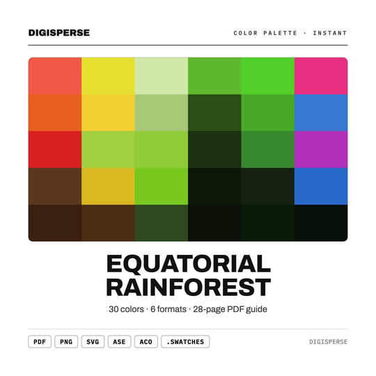 Equatorial Rainforest Color Palette | 30 Colors | Hex RGB CMYK | Color Guide | Procreate Swatches + ASE | Digital Download