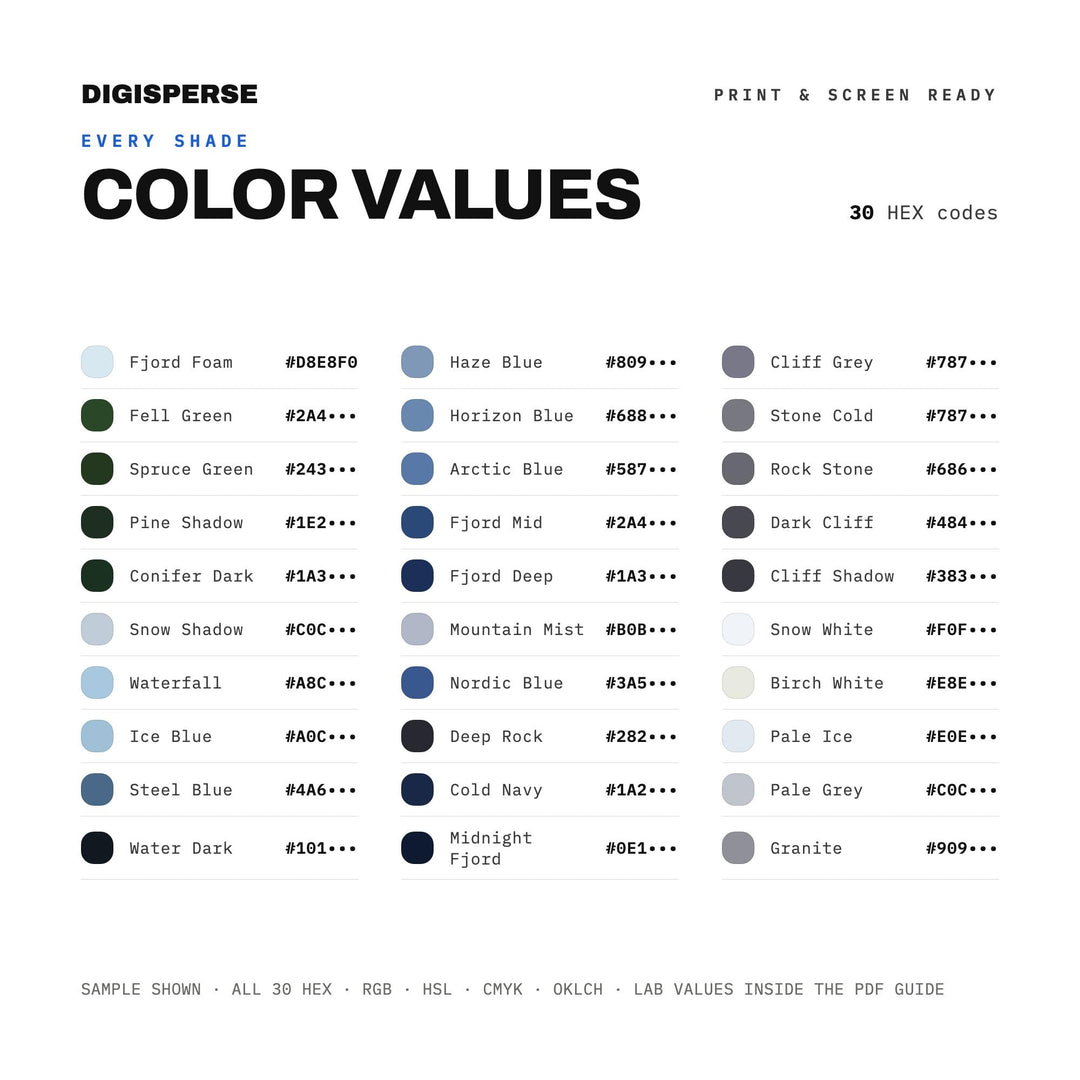 Fjord Blue Color Palette | 30 Colors | Hex RGB CMYK | Color Guide | Procreate Swatches + ASE | Digital Download