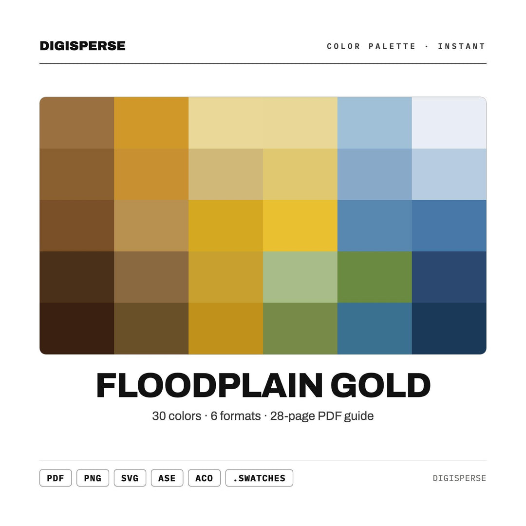 Floodplain Gold Color Palette | 30 Colors | Hex RGB CMYK | Color Guide | Procreate Swatches + ASE | Digital Download