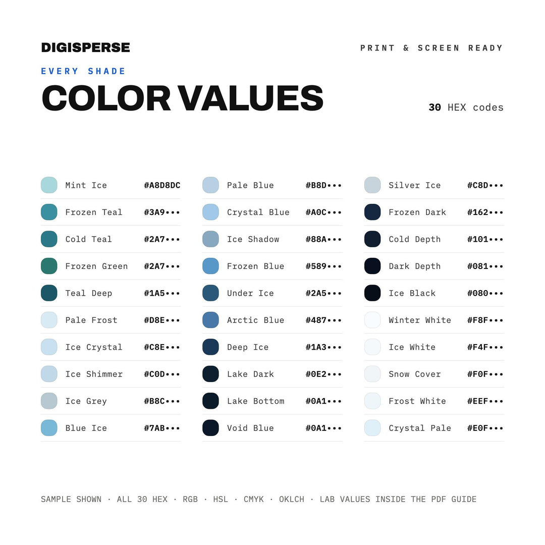 Frozen Lake Color Palette | 30 Colors | Hex RGB CMYK | Color Guide | Procreate Swatches + ASE | Digital Download