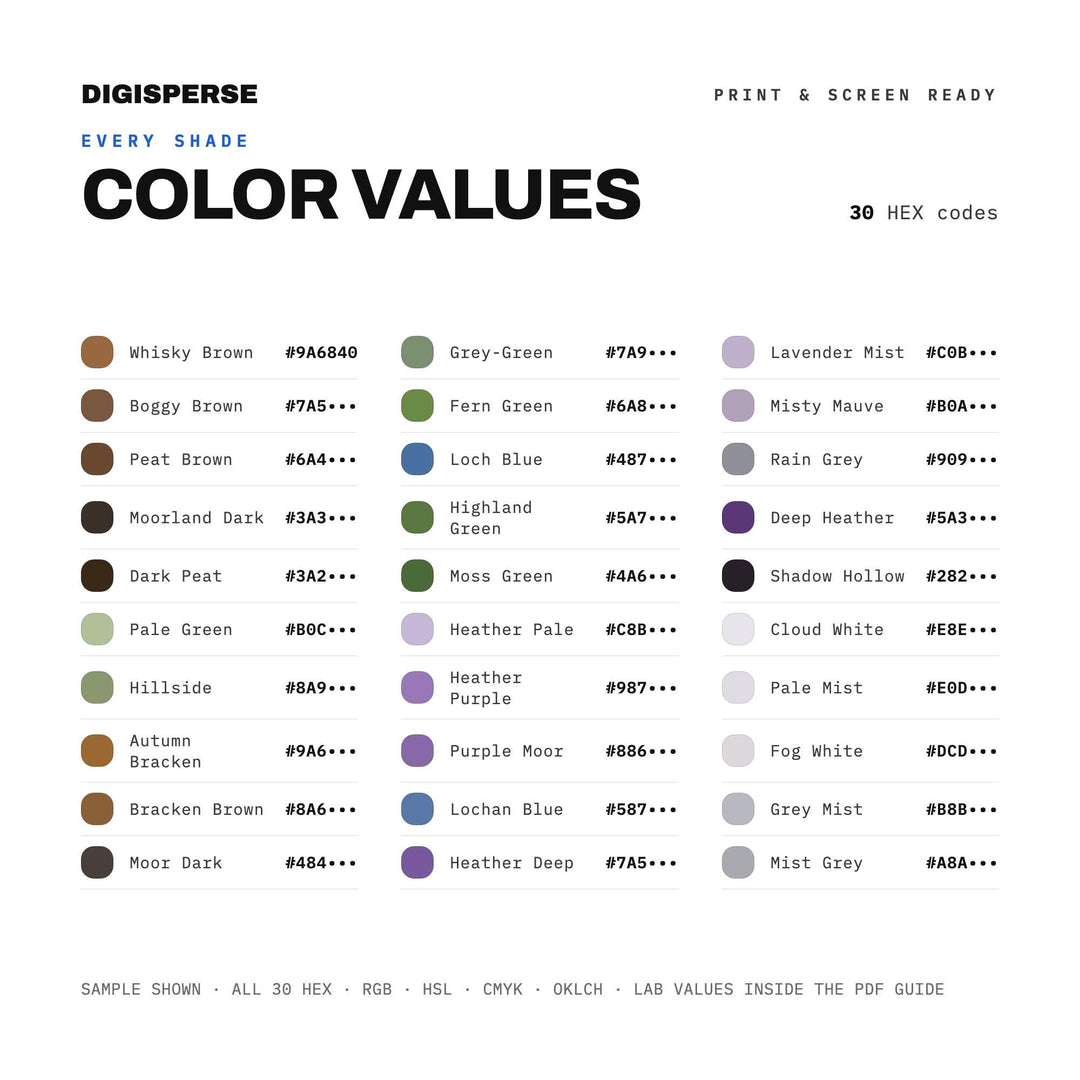 Highland Mist Color Palette | 30 Colors | Hex RGB CMYK | Color Guide | Procreate Swatches + ASE | Digital Download