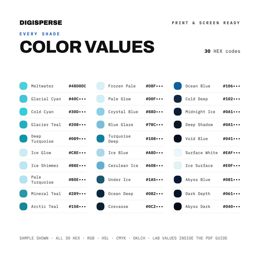 Iceberg Underside Color Palette | 30 Colors | Hex RGB CMYK | Color Guide | Procreate Swatches + ASE | Digital Download