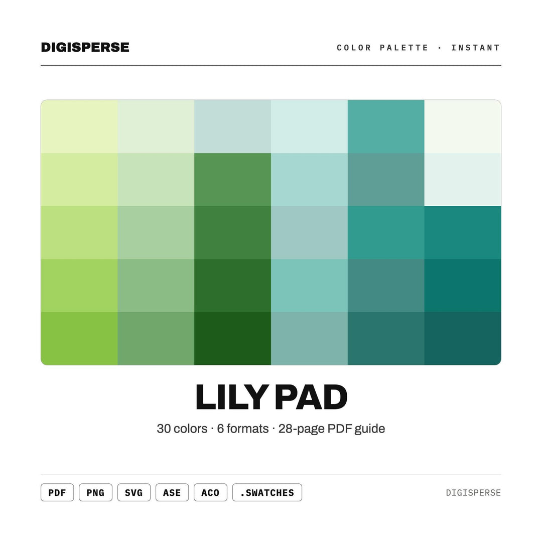 Lily Pad Color Palette | 30 Colors | Hex RGB CMYK | Color Guide | Procreate Swatches + ASE | Digital Download