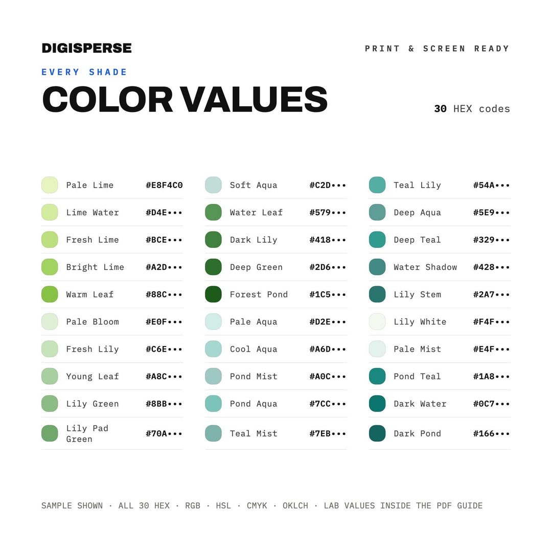 Lily Pad Color Palette | 30 Colors | Hex RGB CMYK | Color Guide | Procreate Swatches + ASE | Digital Download