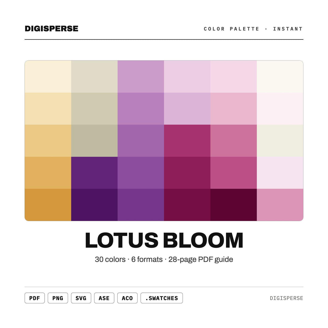 Lotus Bloom Color Palette | 30 Procreate Swatches, HEX, RGB, CMYK (Digital Download)