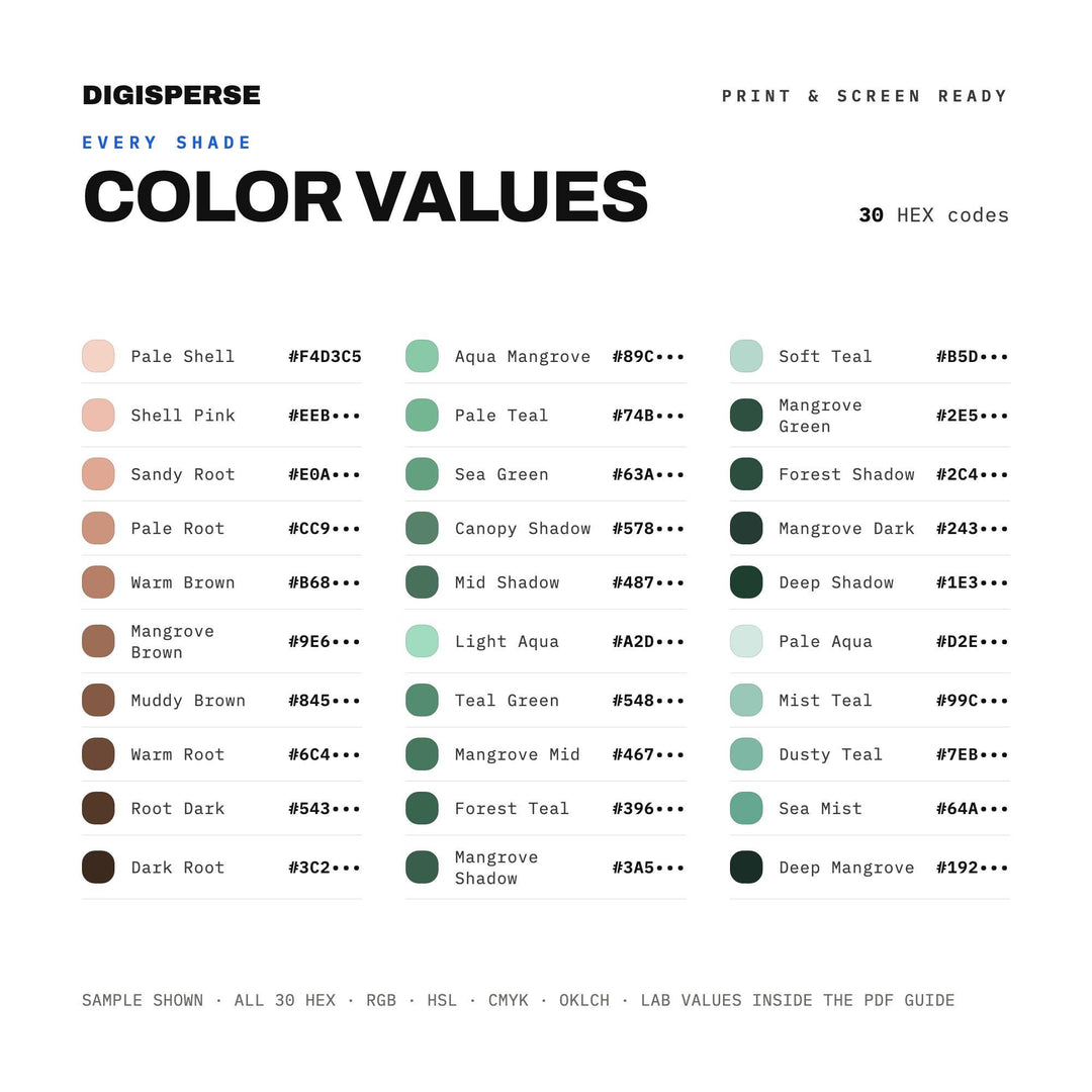 Lush Coastal Color Palette for Tropical Wetland Art and Botanical Branding, 30 Mangrove Green Hues, Procreate Swatches, Hex Codes