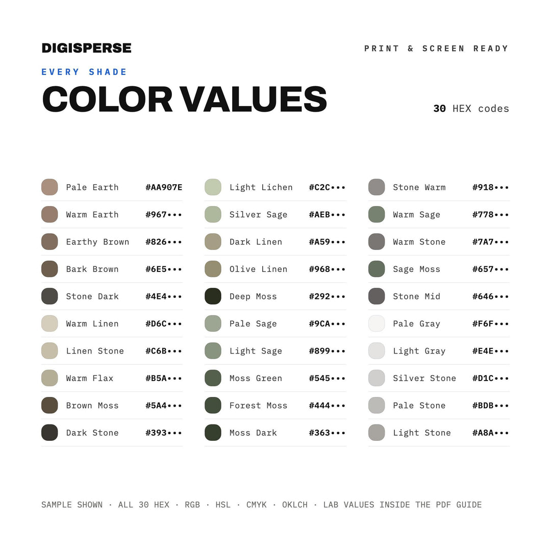 Moss & Stone Color Palette | 30 Colors | Hex RGB CMYK | Procreate Swatches + ASE | Digital Download