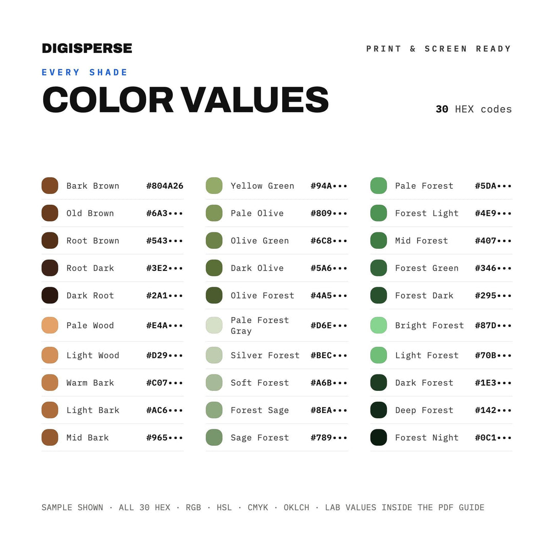 Old Growth Color Palette | 30 Forest, Earth Tones | Procreate, Adobe Swatches (Digital Download)