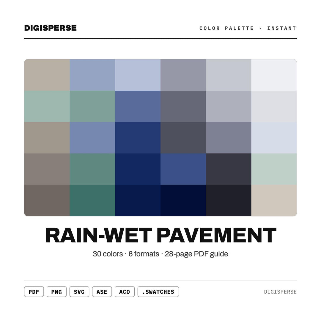 Rain-Wet Pavement Color Palette | 30 Colors | Hex RGB CMYK | Color Guide | Procreate Swatches + ASE | Digital Download