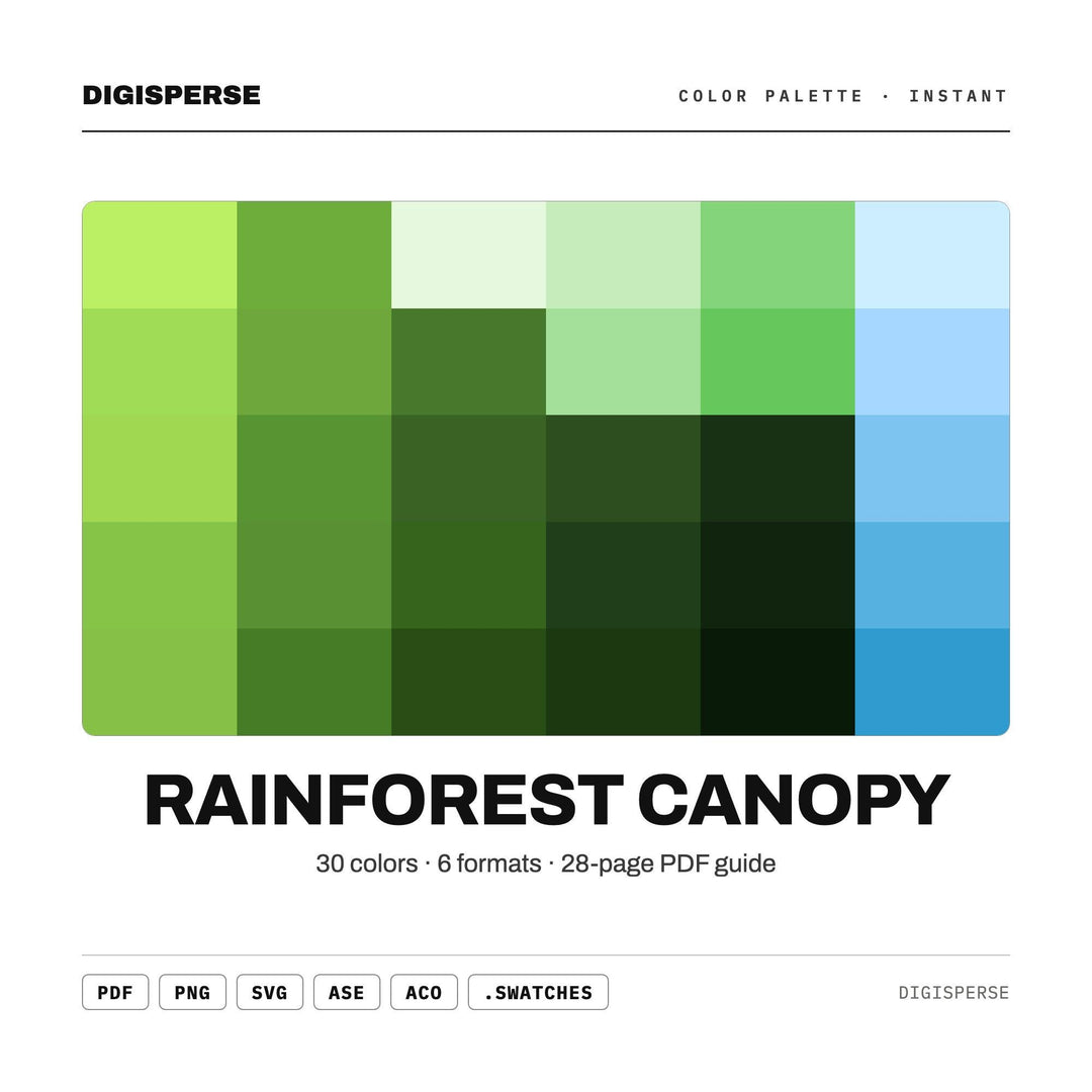 Rainforest Canopy Color Palette | 30 Colors | Hex RGB CMYK | Color Guide | Procreate Swatches + ASE | Digital Download