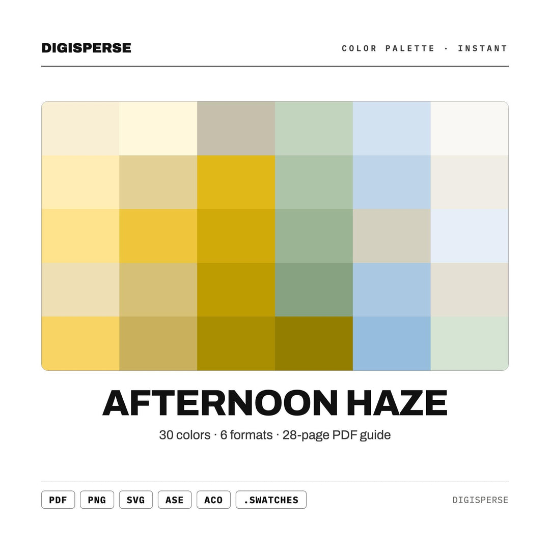 Golden Hour Color Palette for Dreamy Photography Branding and Warm Wall Art, 30 Afternoon Haze Hues, Procreate Swatches, Hex Codes