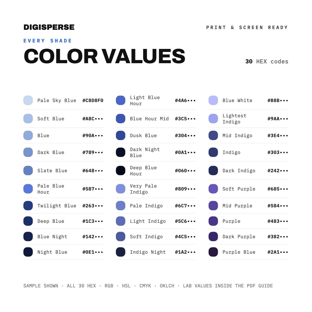 Blue Hour Color Palette | 30 Moody Dusk & Cobalt Tones (Digital Download)