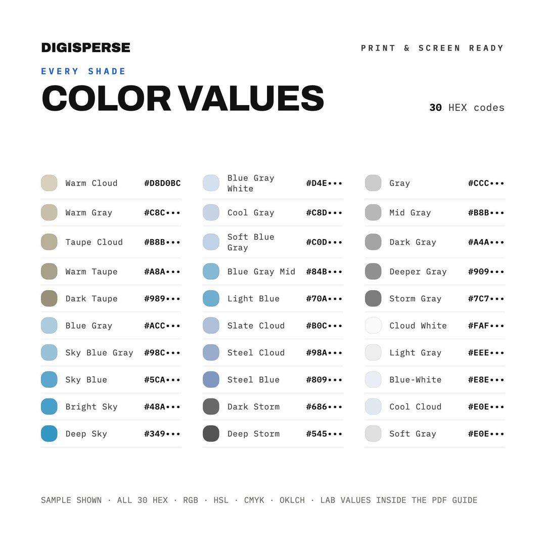 Cloud Atlas Color Palette | 30 Sky Tones, Procreate, ASE (Digital Download)