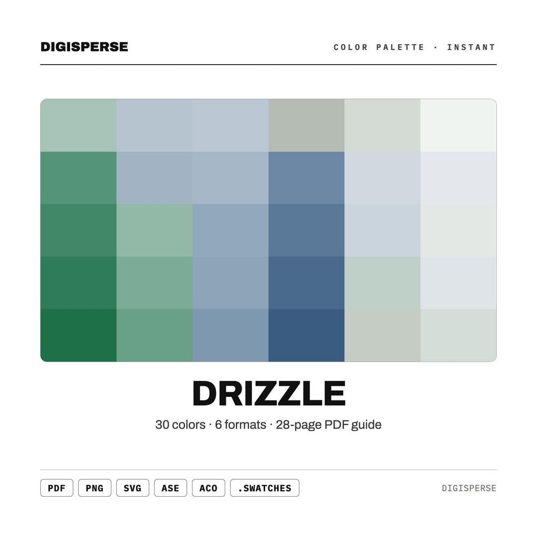 Soft Grey Color Palette for Rainy Day Art and Cozy Autumn Branding, 30 Drizzle Mist Hues, Procreate Swatches, Hex Codes