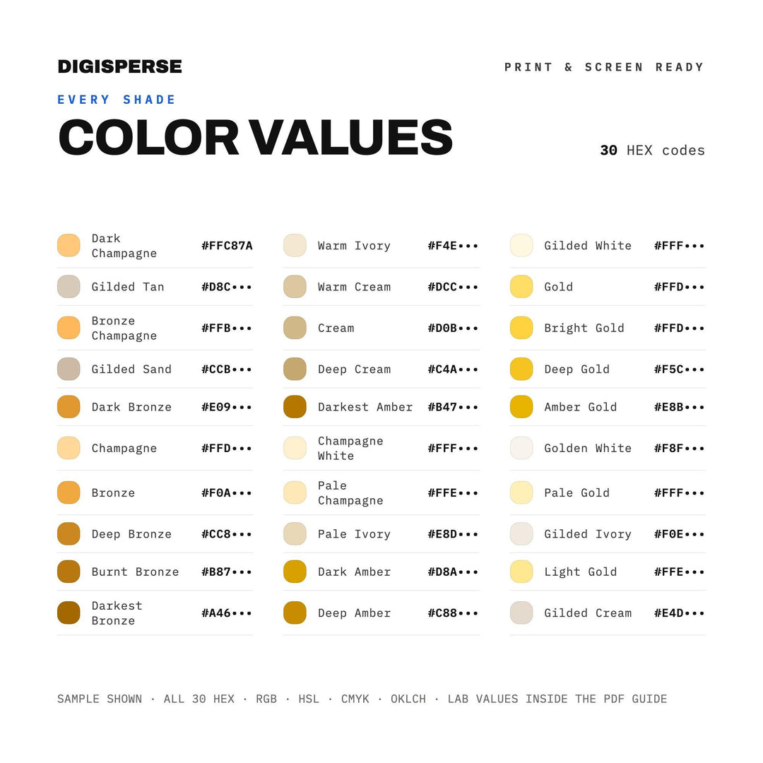 Gilded Horizon Color Palette | 30 Colors | Hex RGB CMYK | Color Guide | Procreate Swatches + ASE | Digital Download