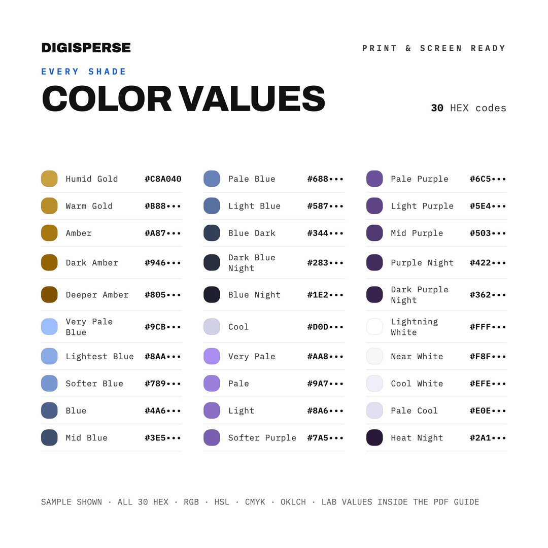 Heat Lightning Color Palette | 30 Colors | Hex RGB CMYK | Color Guide | Procreate Swatches + ASE | Digital Download