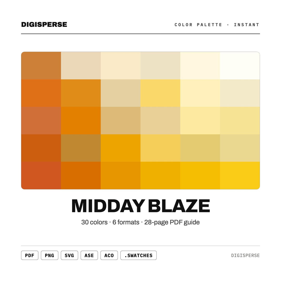 Midday Blaze Color Palette | 30 Procreate Swatches, HEX, RGB, CMYK (Digital Download)