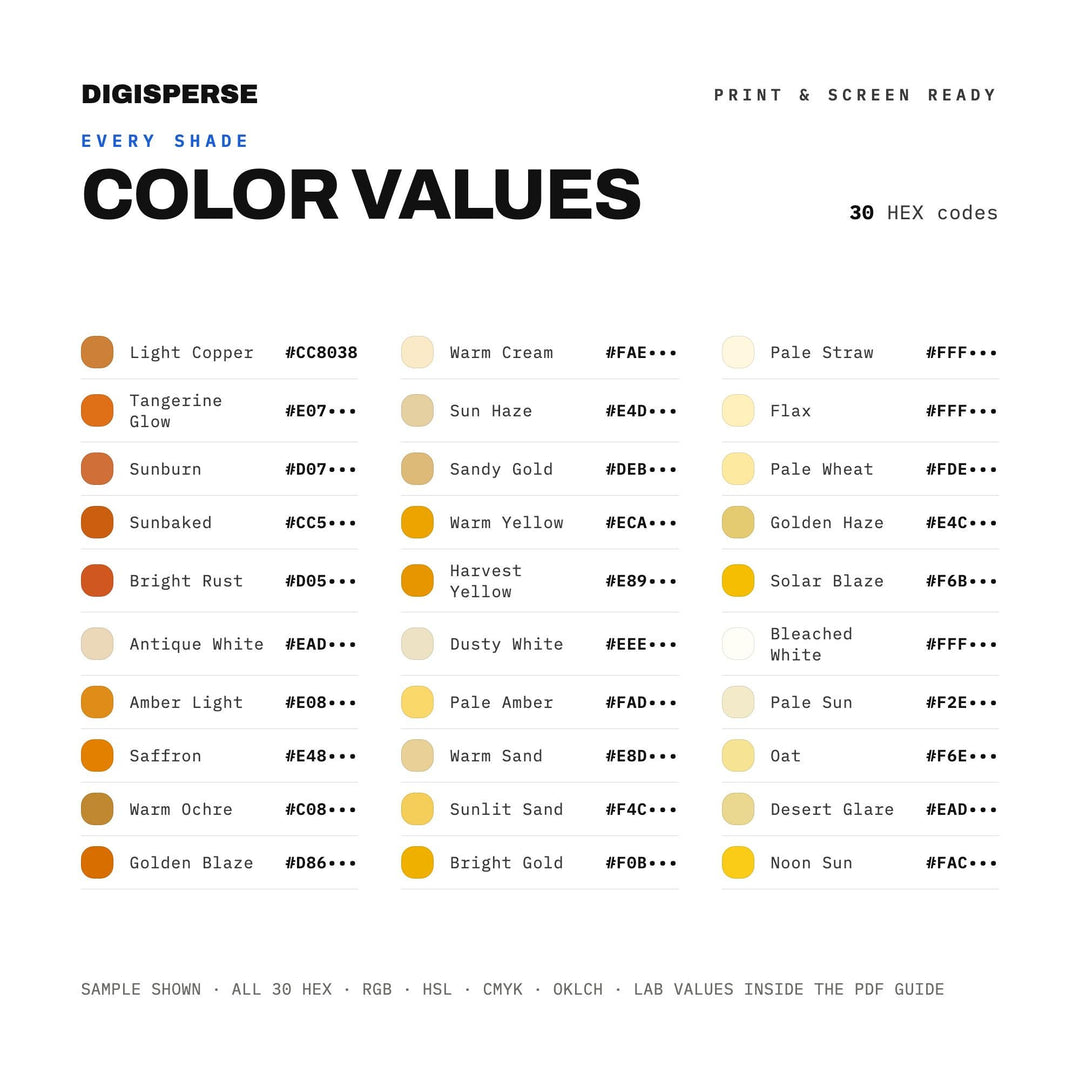 Midday Blaze Color Palette | 30 Procreate Swatches, HEX, RGB, CMYK (Digital Download)