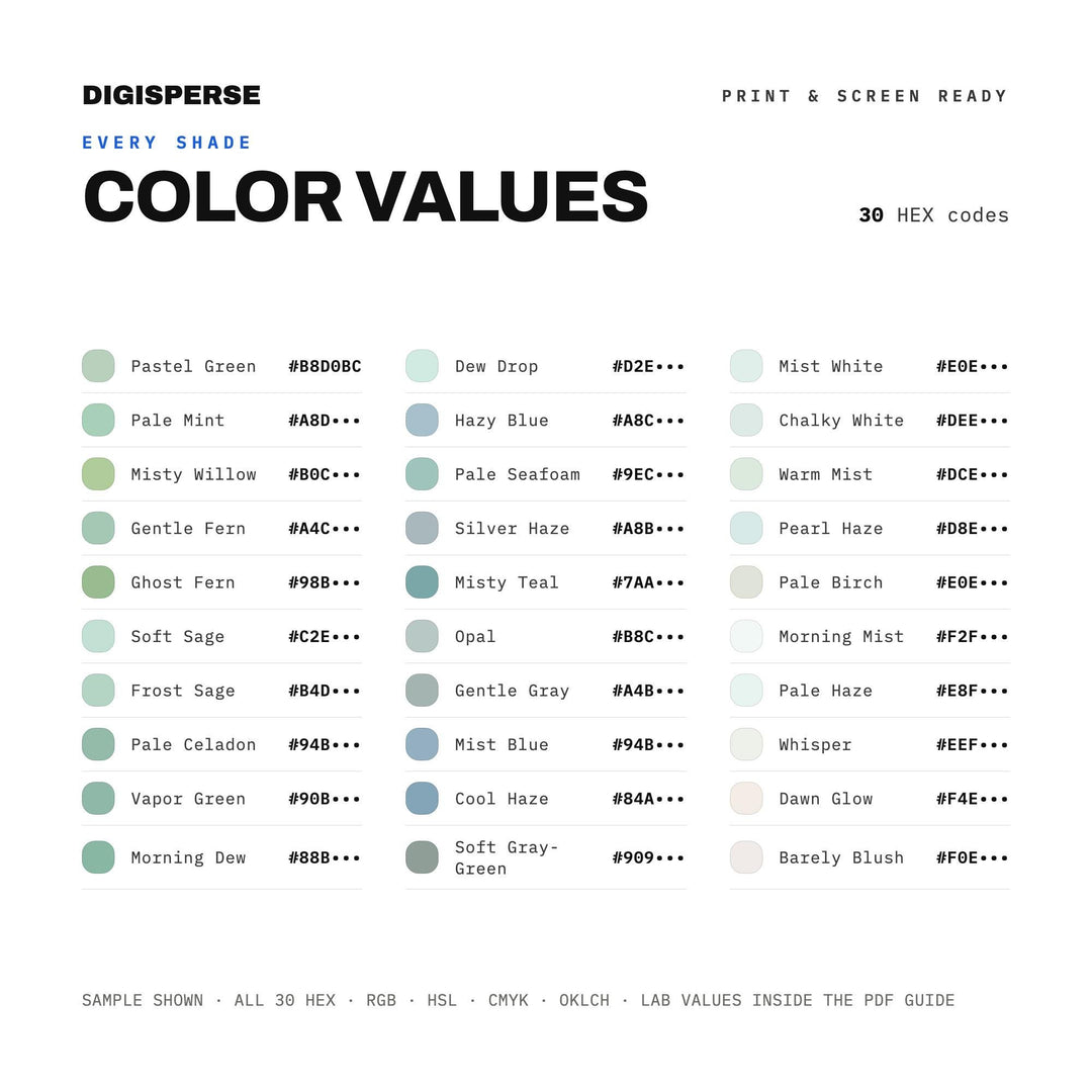 Misty Morning Color Palette | 30 Procreate Swatches, HEX, RGB, CMYK (Digital Download)