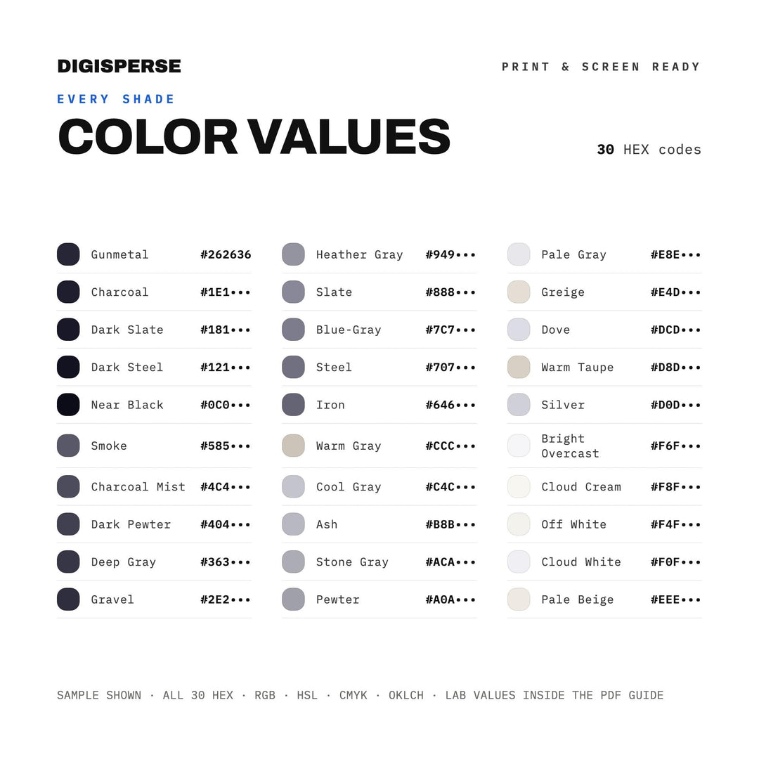 Muted Grey Color Palette for Cloudy Day Art and Calm Minimal Branding, 30 Overcast Sky Hues, Procreate Swatches, Hex Codes