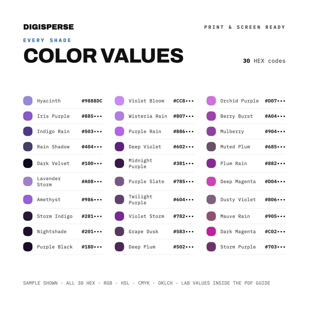 Purple Rain Color Palette | 30 Colors | Hex RGB CMYK | Color Guide | Procreate Swatches + ASE | Digital Download