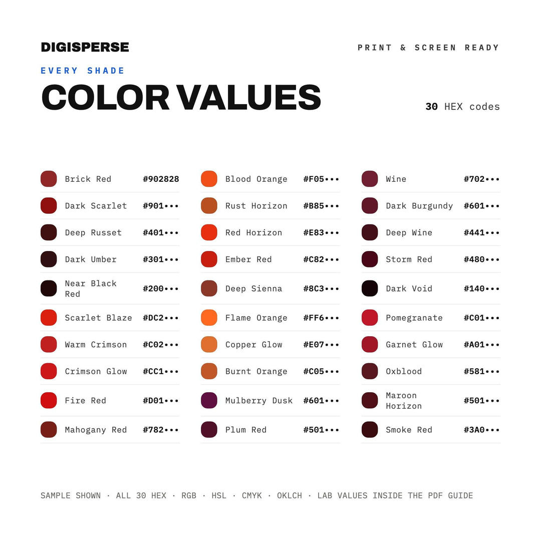 Red Horizon Color Palette | 30 Colors | Hex RGB CMYK | Color Guide | Procreate Swatches + ASE | Digital Download