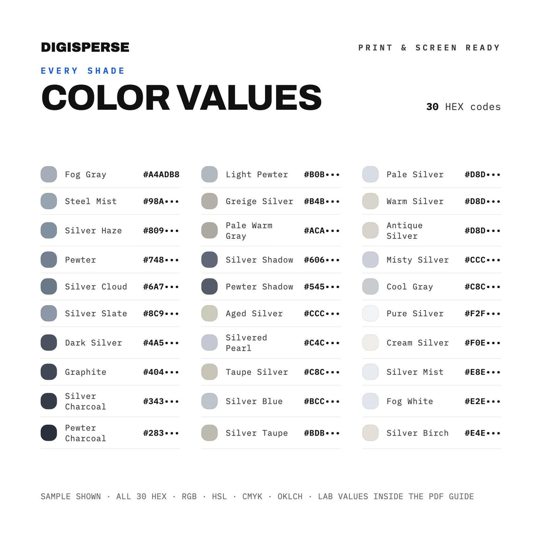 Silver Fog Color Palette | 30 Colors | Hex RGB CMYK | Color Guide | Procreate Swatches + ASE | Digital Download