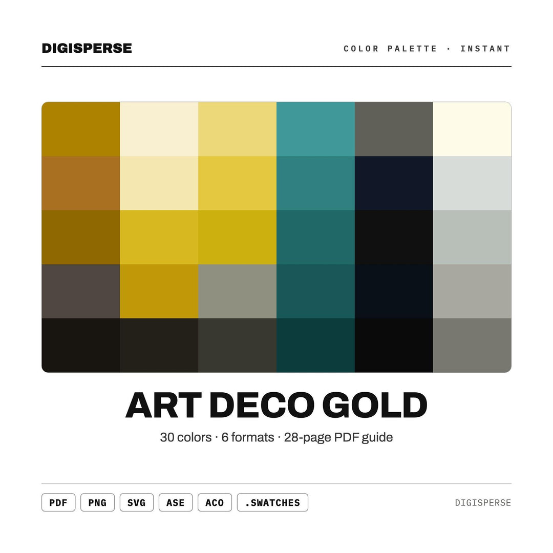 Art Deco Gold Color Palette | 30 Procreate Swatches, ASE, RGB, CMYK (Digital Download)