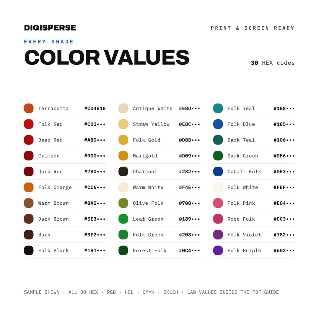Folk Art Color Palette | 30 Colors | Hex RGB CMYK | Color Guide | Procreate Swatches + ASE | Digital Download