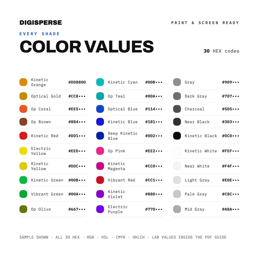 Kinetic Art Color Palette | 30 Colors, HEX, RGB, CMYK (Digital Download)