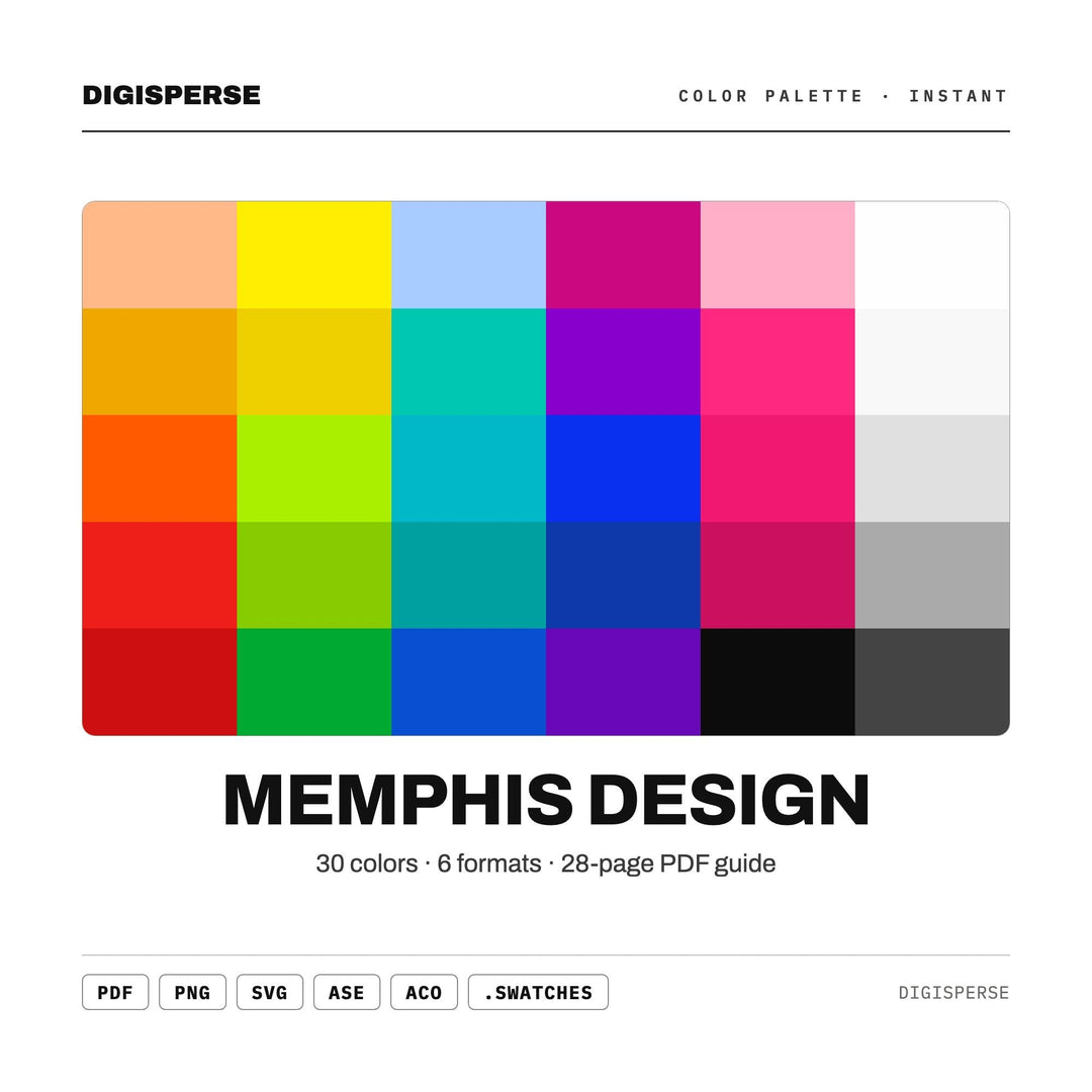 Playful 80s Color Palette for Retro Geometric Art and Bold Branding, 30 Memphis Squiggle Hues, Procreate Swatches, Hex Codes