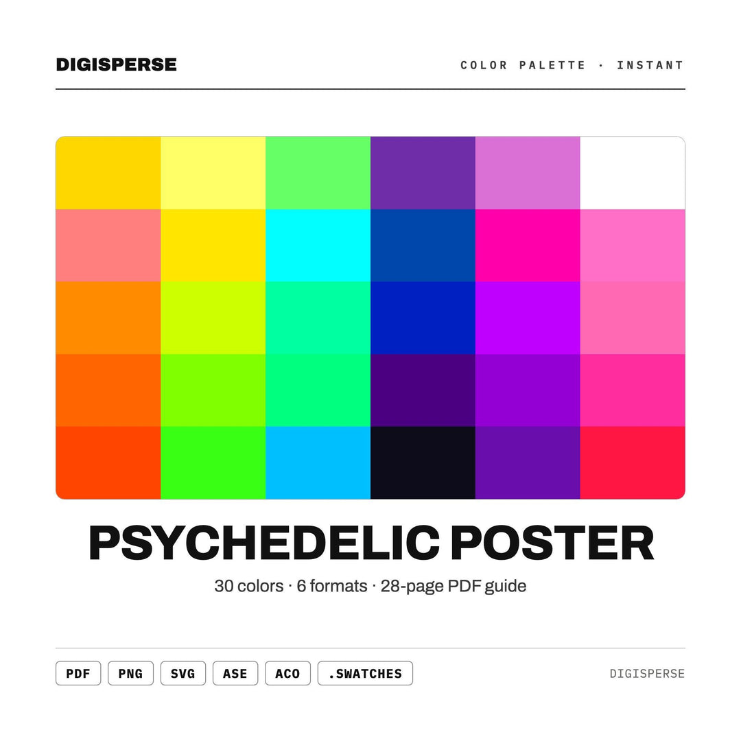 Psychedelic Poster Color Palette | 30 Colors | Hex RGB CMYK | Color Guide | Procreate Swatches + ASE | Digital Download